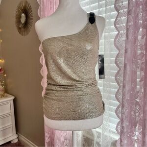 Y2k One-Shoulder Metallic Tank Top with belt detail-Gold Shimmer